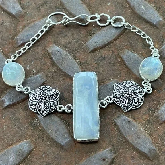 Women Handmade Bracelet Silver Tone Real Rainbow Moonstone Wrist Band Jewelry - Picture 1 of 12
